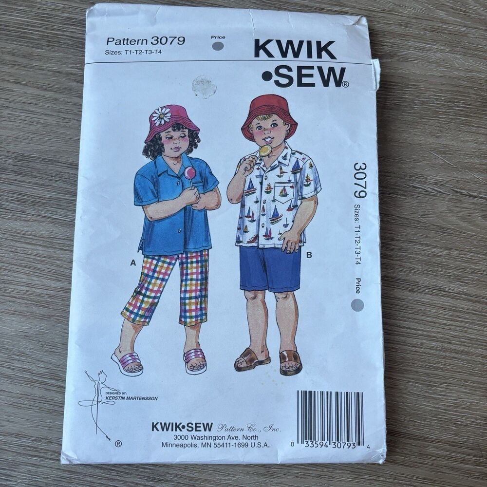 KWIK SEW 3079 Sewing Pattern Toddlers Pants Shorts Shirt Hat T1 T2 T3 T4 Uncut
